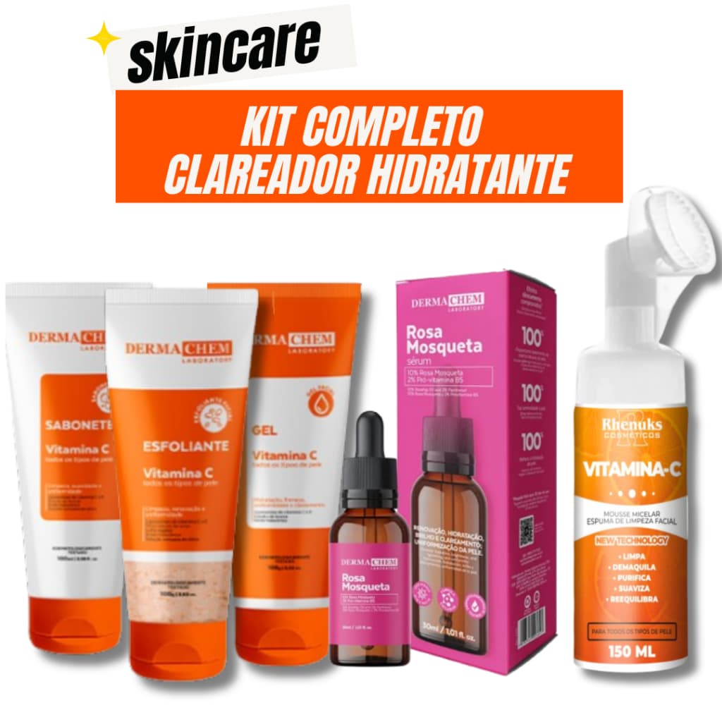 Kit Skincare Vitamina c Anti-Idade Dermachem + Sérum Rosa + Mousse Micelar Limpeza Facial 150ml