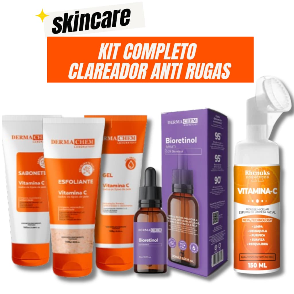 Kit Skincare Vitamina c Anti-Idade Dermachem + Sérum Bioretinol + Mousse Micelar Limpeza Facial