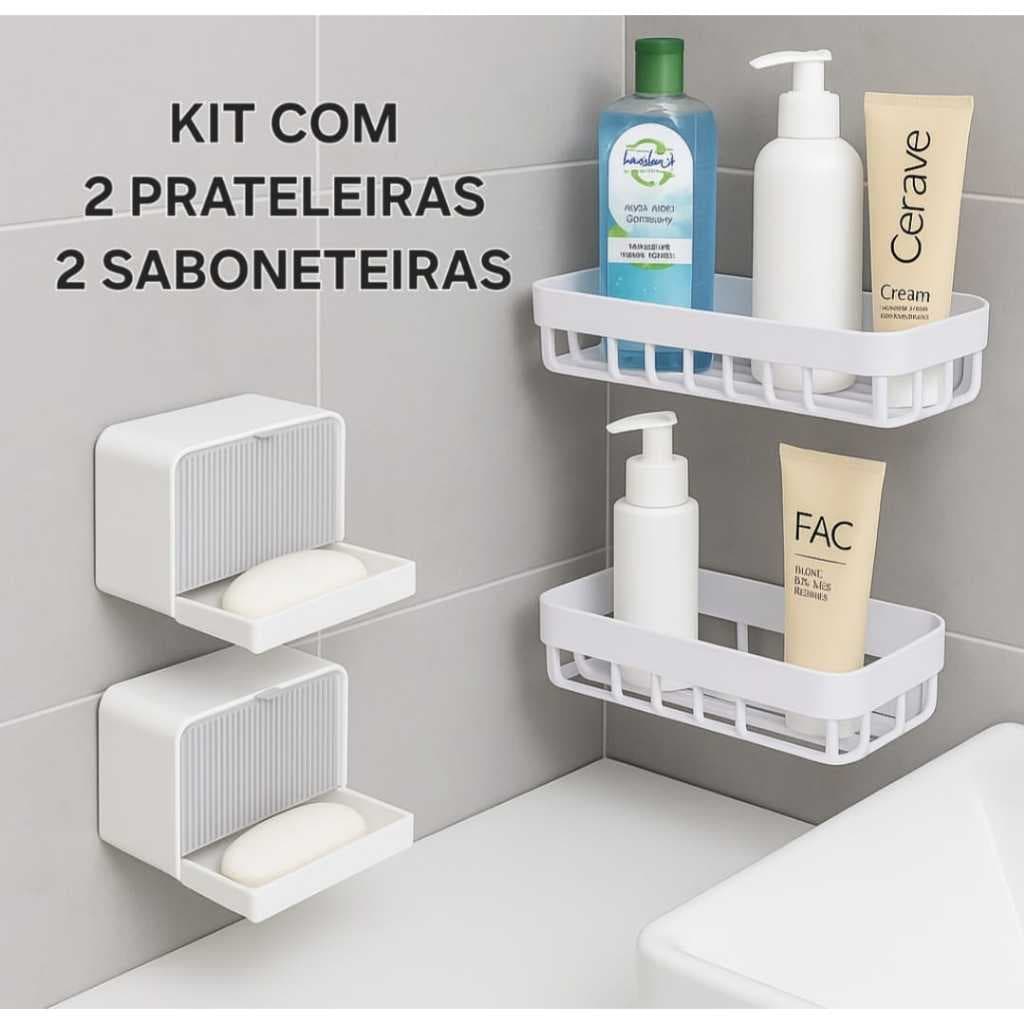 2 Prateleiras Parede Banheiro Cozinha Organizador Multiuso Suporte  Com Adesivo+  2 Saboneteiras Sem Furo Paredes