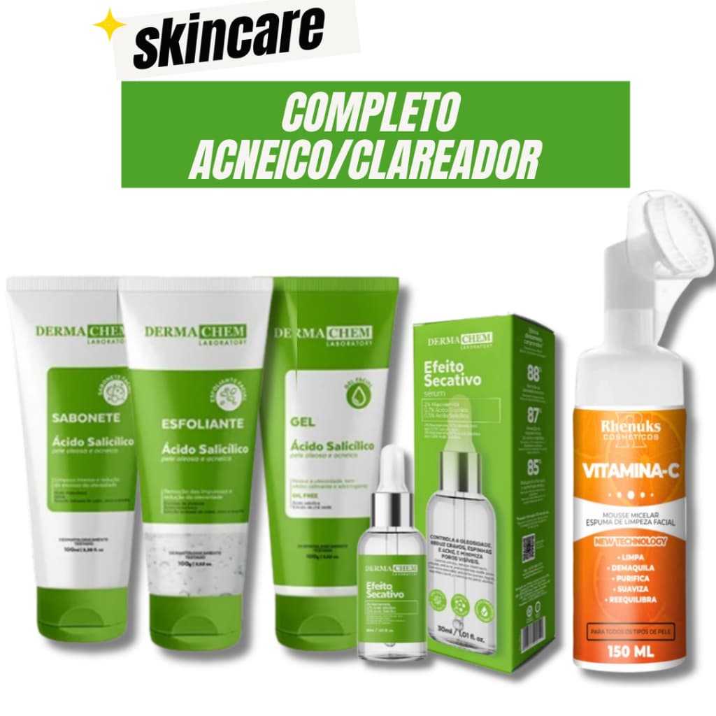 Kit Skincare Salicilico Anti Oleosidade Dermachem + Sérum Secativo anti acne + Mousse Vitamina c