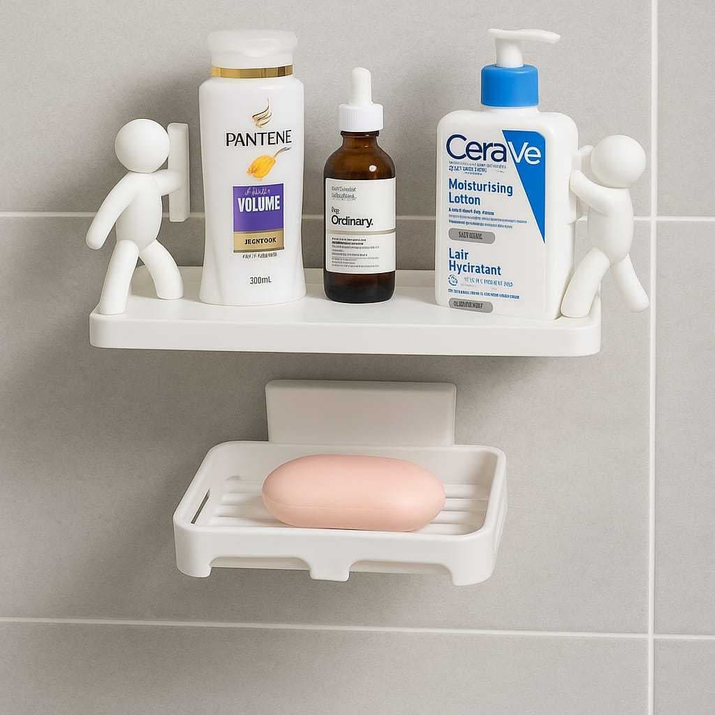 Kit Com 1 Saboneteira Parede Sem Furo + 1 Prateleira Boneco Multiuso Banheiro Cozinha Decoração Suporte Com Adesivos