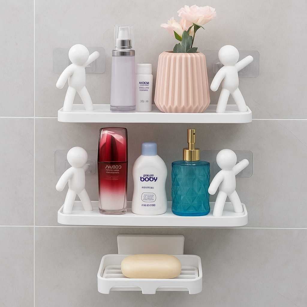 1 Saboneteira Parede Sem Furos  + 2  Suporte Prateleira Multiuso Banheiro Cozinha Decoração Suporte Adesivo