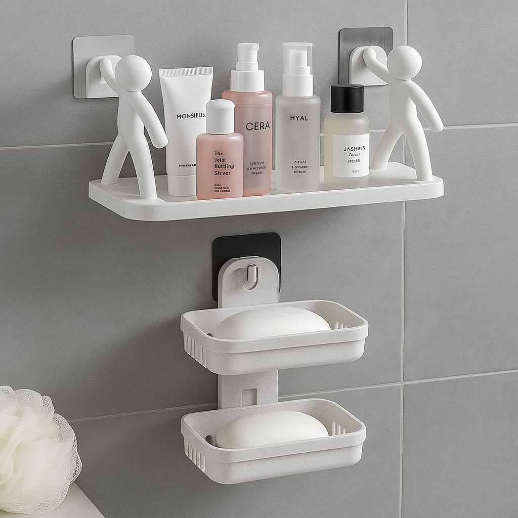 Kit Com 1 Prateleira Suporte Organizador Boneco Parede Sem Furos + 1 Saboneteira  Dupla Parede Com Suporte Adesivo