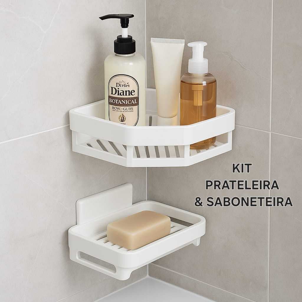 1 Prateleira Triangular Sem Furos Suporte Cozinha Banheiro + 1 Saboneteira  Com Suporte Adesivo Parede  Resistente