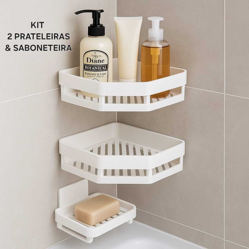 2 Prateleira Triangular Parede Sem Furos Banheiro Cozinha Multiuso + 1 Saboneteira De Parede Suporte Adesivo Praticidade