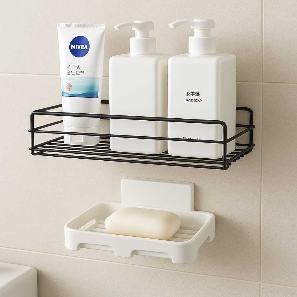 Kit Saboneteira Parede Sem Furo + Prateleira Suporte Organizador Metal Parede Com Suporte Adesivo Banheiro Cozinha