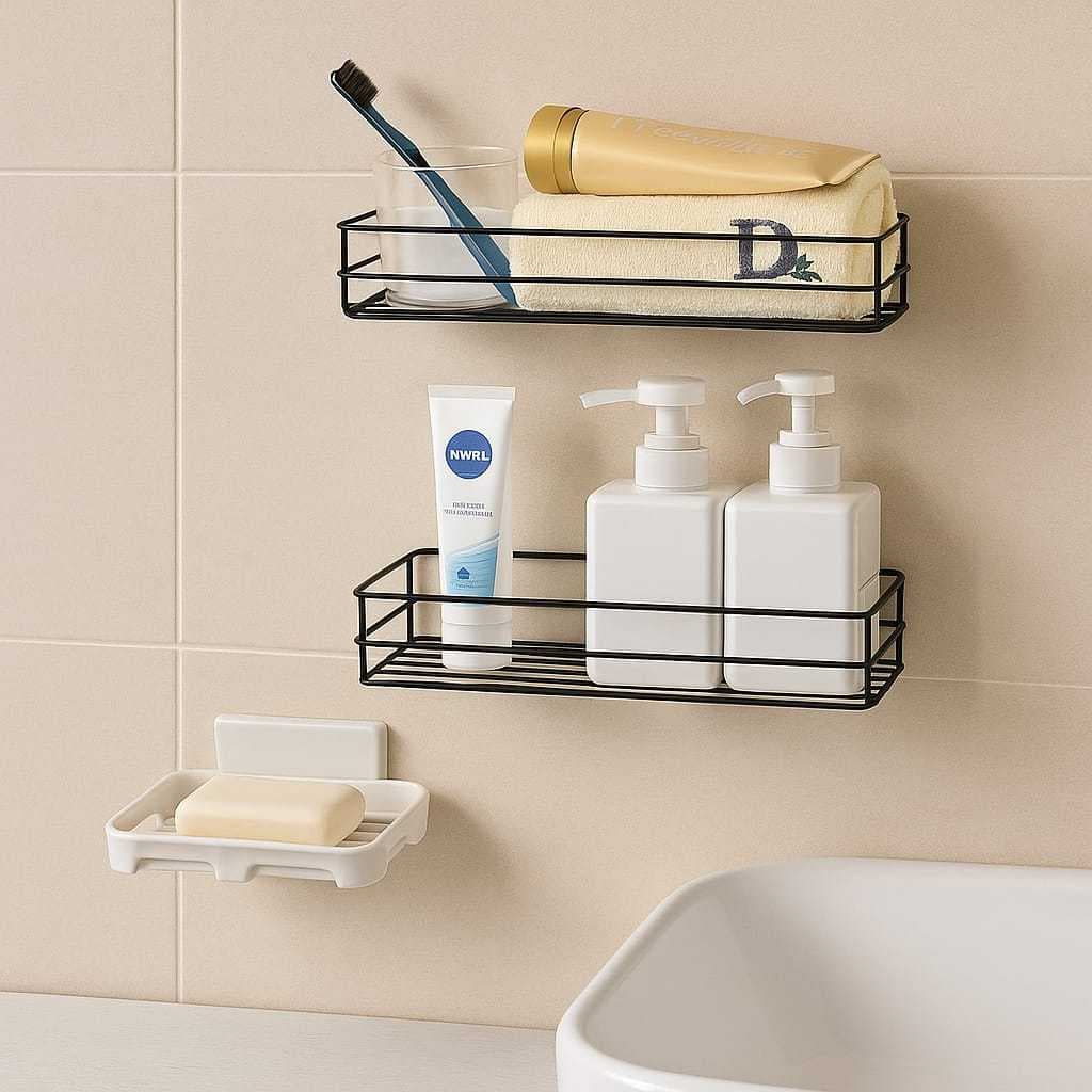 Kit Com 2 Suporte Parede Prateleira Banheiro Cozinha Decoração + 1 Saboneteira Parede Sem Furos Facil Instalação Pratico