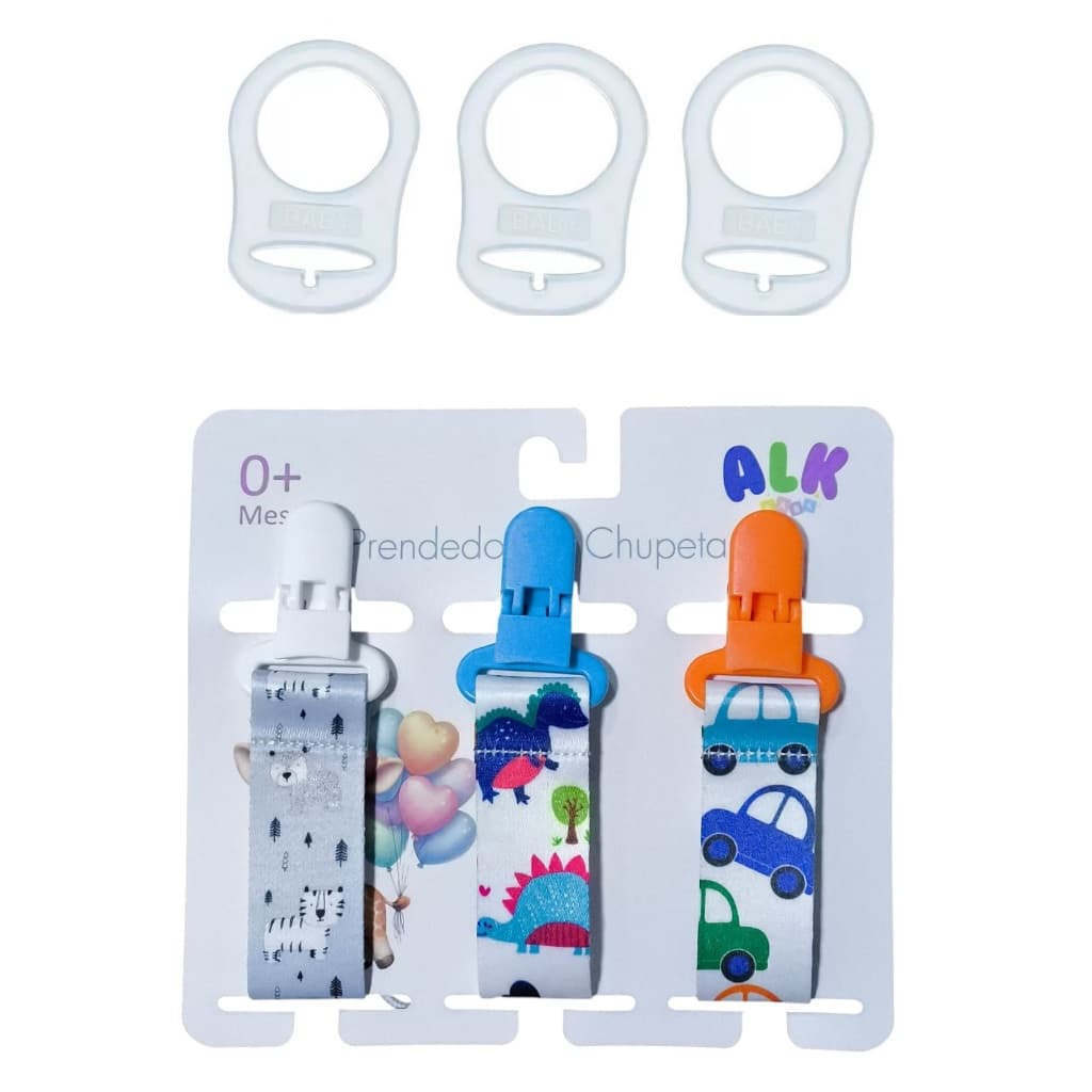 3 anéis silicone chupeta sem alça Mam Nuk + 3 prendedores de chupeta modelo menino