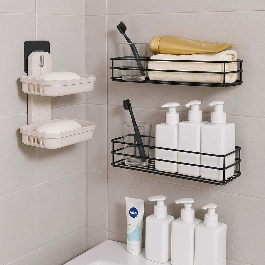 Kit Com 2 Prateleiras Parede Sem Furo Metal Suporte Multiuso  + 1 Saboneteira Dupla Parede 2 Andar  Suporte Adesivo