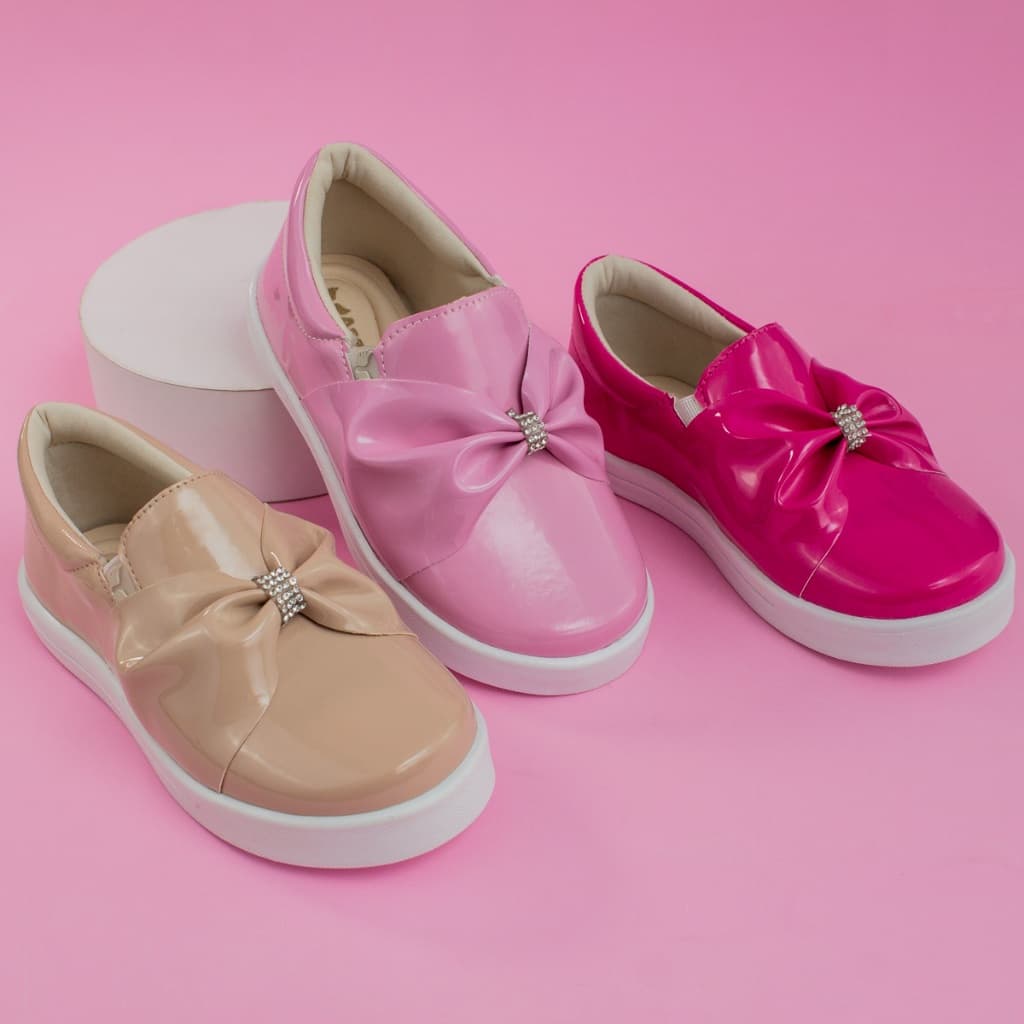 Tênis Infantil Menina Slip Brilho Verniz Confortável Macio Casual Laço Strass Escolar Promoção
