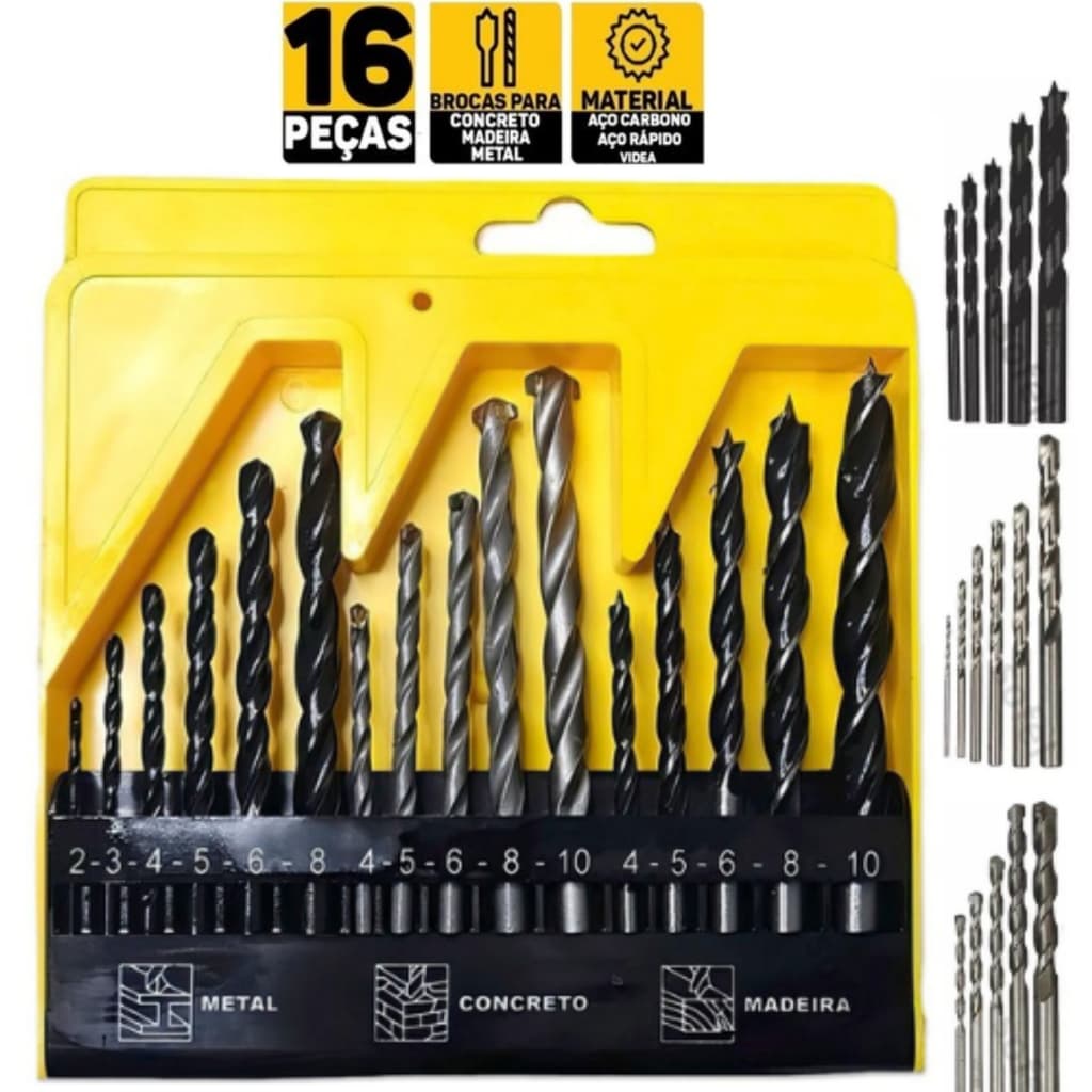 Kit Jogo 16 Brocas Estojo Ferro Concreto Madeira Videa Aço Para Furadeira