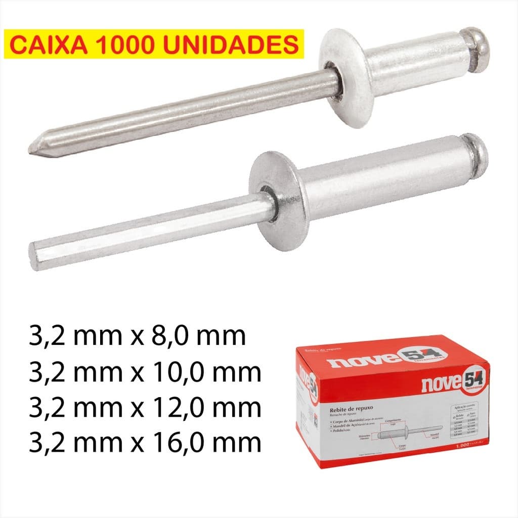 Rebite de repuxo Pop Alumínio 3,2 mm caixa fechada com 1.000 peças - NOVE54