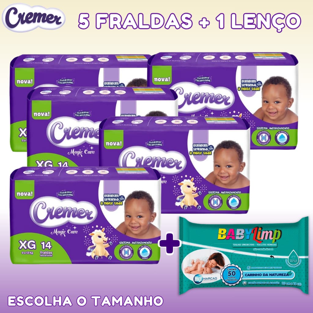 5 Pacote de Fralda Descartavel Cremer + 1 Lenço Umedecido Baby