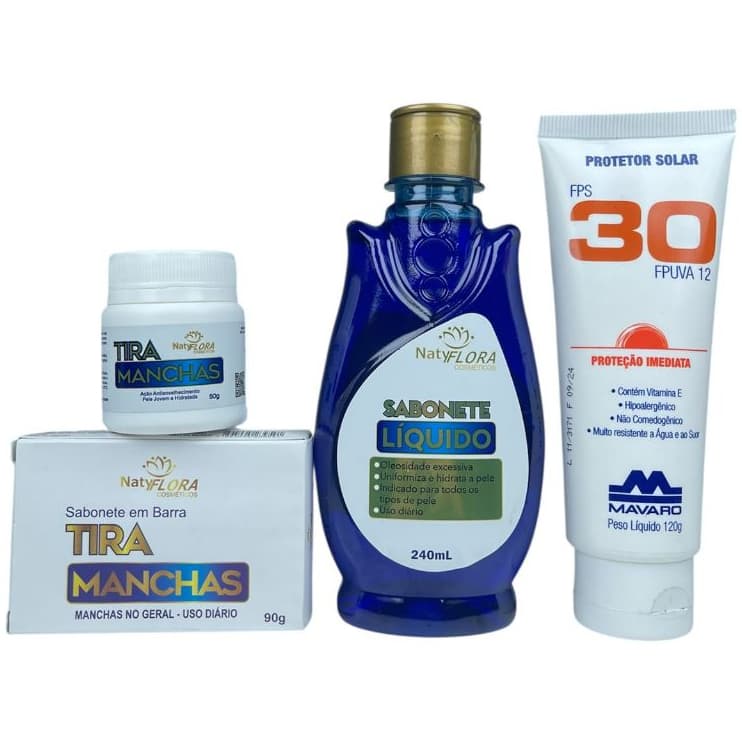 Kit Completo Para Pele com Protetor Solar Facial e Corporal FPS 30 120g e Kit Tira Manchas NatyFlora