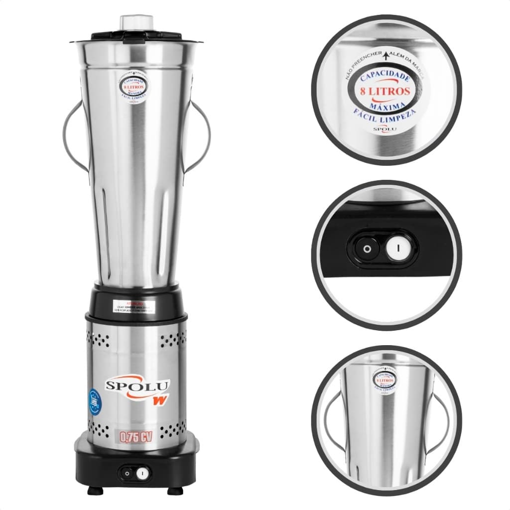 Liquidificador Industrial Inox Baixa Rotação 8 Litros Bivolt Profissional Spolu Potente 110v 220v