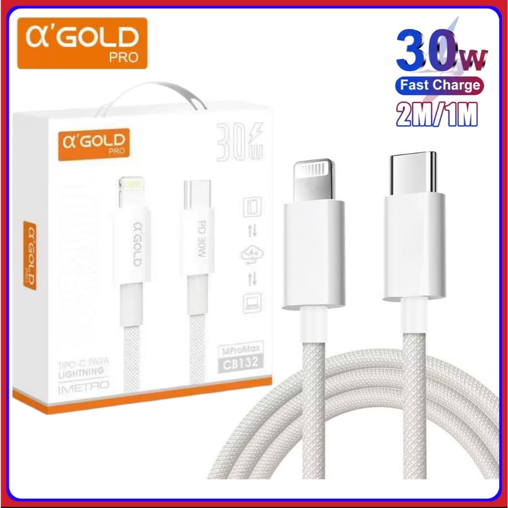 Cabo Tipo C Lightning Turbo 30W Para iPhone A’Gold Original 1 Metro 2 Metros carregamento rápido