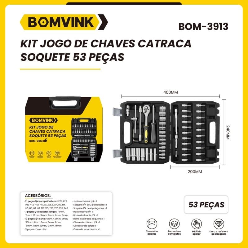 Jogo de Chaves Catraca Soquete 53 Peças BOM-3913 - Bomvink