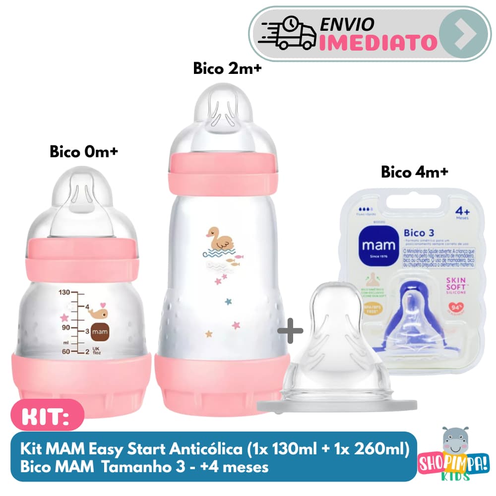 Kit Alimentação Completa Bebê Mam Mamadeiras Easy Start Anticolica 130ml 260ml + Bico 3 + 4m Original