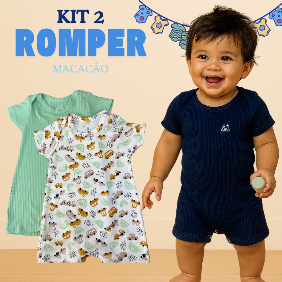 Kit 2 Macacão Bebê Romper Liso e Estampado Menino Menina Moda infantil Manga Curta