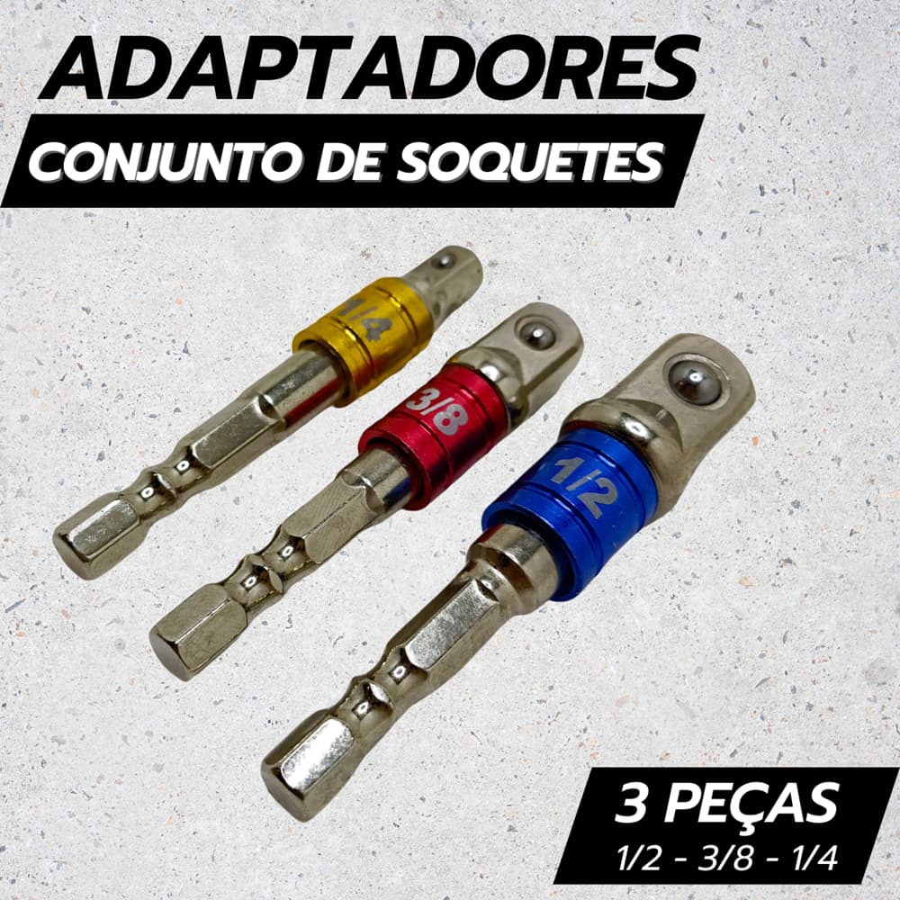 Adaptador para Soquete Sextavado 1/4 3/8 1/2 Kit 3 Peças Aço Furadeira Parafusadeira 360°