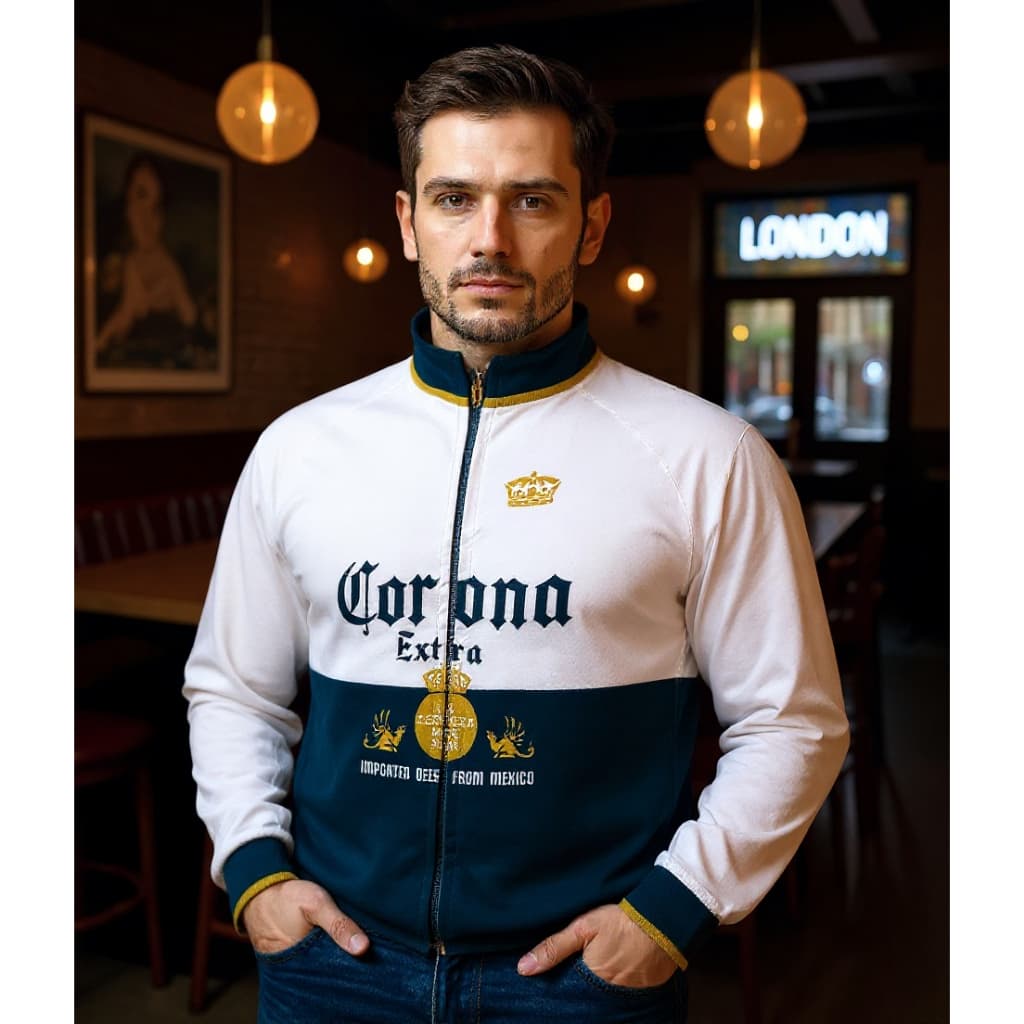 Jaqueta Masculina Corona Extra Estampa Cerveja Bar Streetwear Retrô Full Print Zíper e Gola Alta