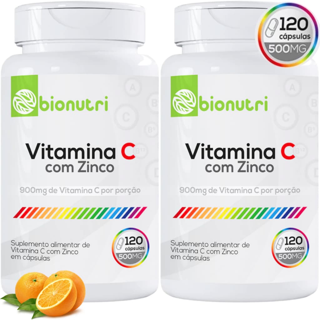 KIT 2 Vitamina C + Zinco 120 Cápsulas 500mg Bionutri Antioxidante Suplemento Alimentar Saúde Da Pele