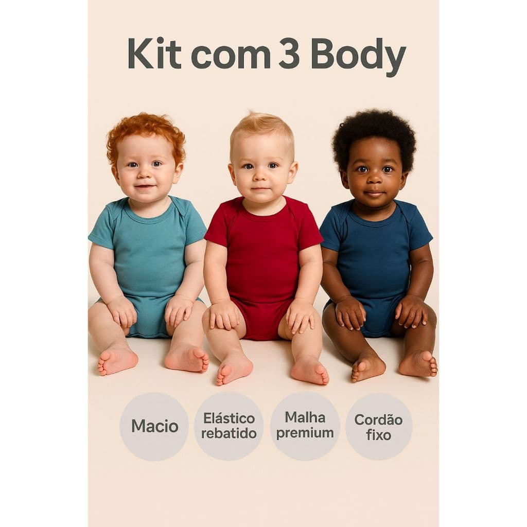 Kit 3 Body Bebê Menino Menina Suedine 100% Algodão Manga Curta Conforto Enxoval Tamanhos RN P M G e GG