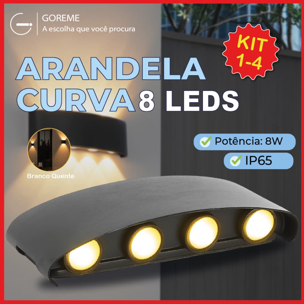 Luminária Arandela Led Meia Lua Curva 8W Parede Luz Quente 8 LEDS Estrutura Preta