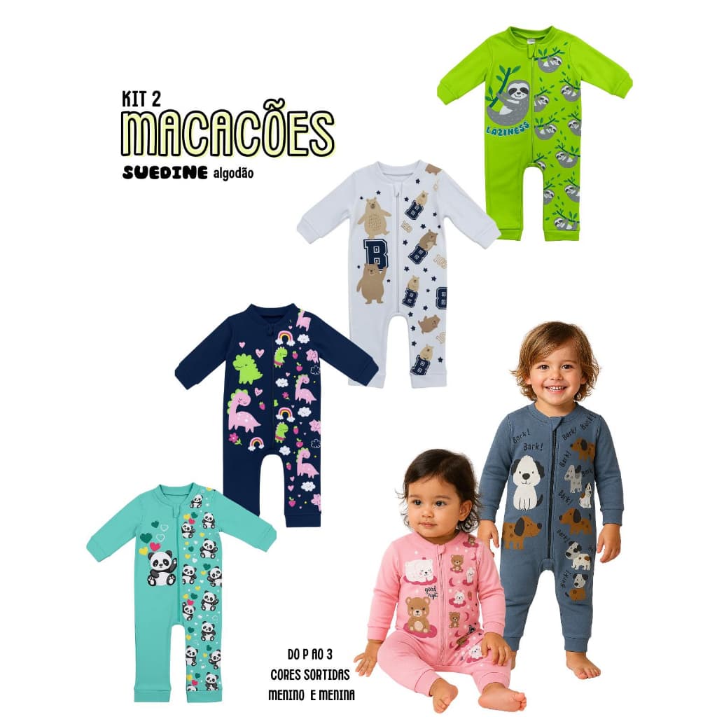 Kit 2 Macacão Roupa Bebê Longo Menino Menina Punhos Ziper Protetor Algodão Suedine Confortável P a 3