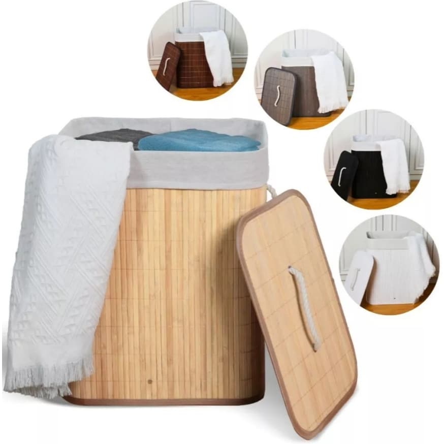 Cesto De Roupa Suja Bambu Dobravel Organizador Forrado Banheiro 70cm Grande Cesto Retangular