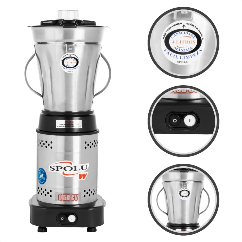 Liquidificador Industrial Inox Baixa Rotação 4 Litros Bivolt Profissional Spolu Potente 110v 220v