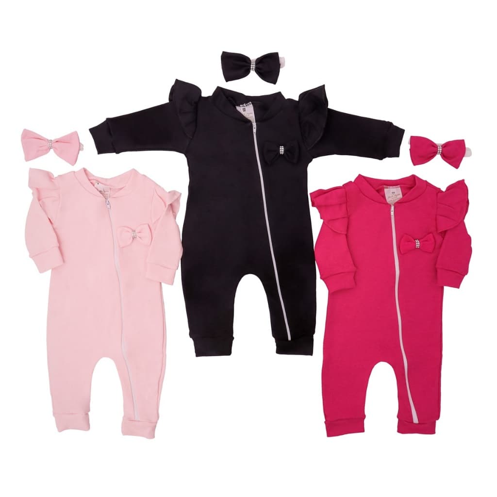 Kit 3 Macacão Bebê Menina Luxo 100% Algodão Enxoval Bebê Feminino RN