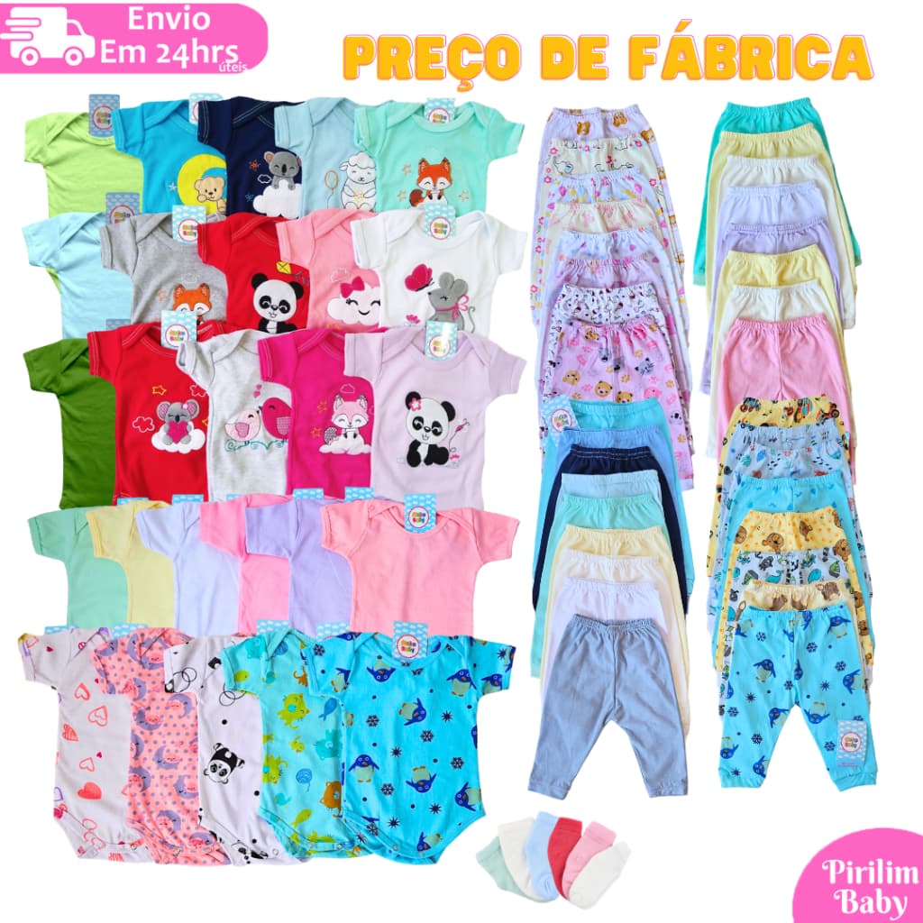 Kit 15 peças Enxoval Bebê Menino e Menina Body Calça Mijão e Meia Algodão Menina Ou Menino