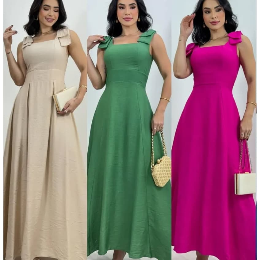 Vestido Longo com Laço no Ombro, Bojo, Forro e Elástex nas Costas – Elegância e Conforto em Cada Detalhe