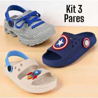 kit com 3 pares de sandálias infantis para meninos. Confortável. Lucks calçados