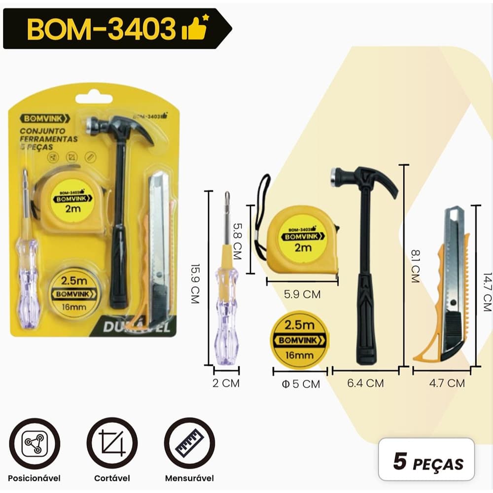 Kit Completo com 5 Ferramentas Básicas Para Manutenção e Medições – BOM3403