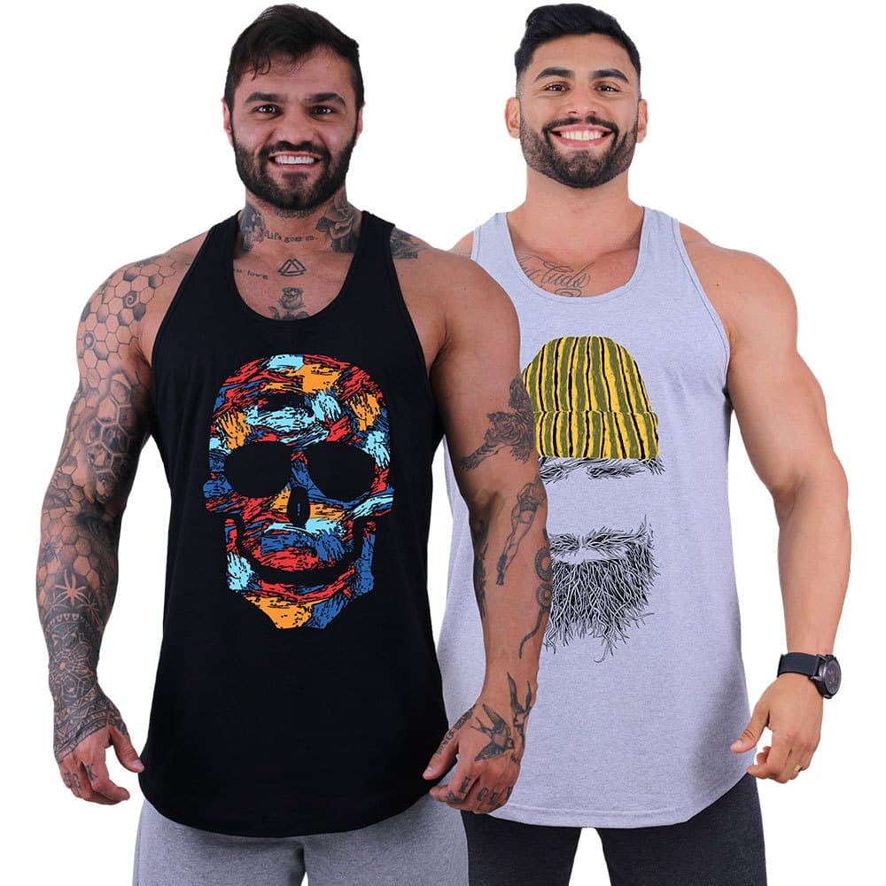 Kit 2 Regata Longline Cavada MXD Conceito Estampada Caveiras Academia Treino Musculação Slim
