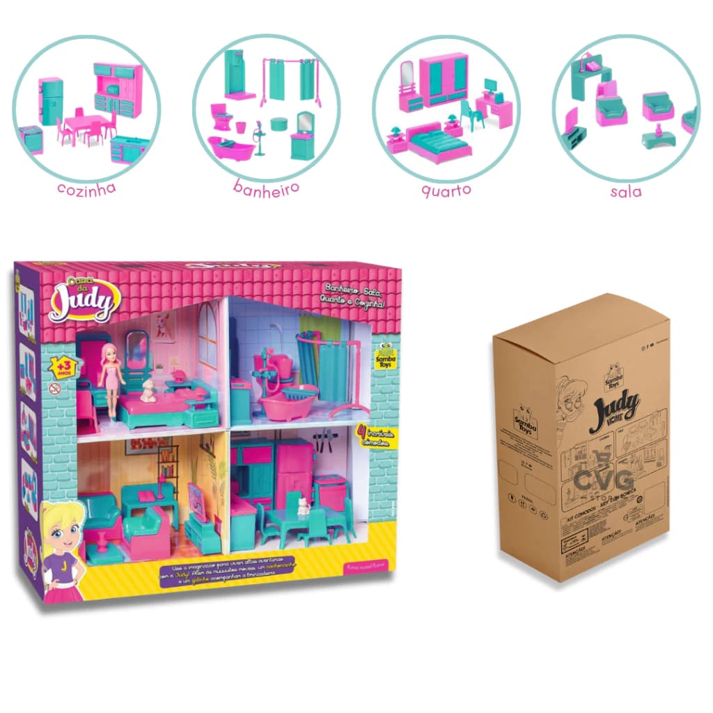 Casa de boneca Judy Home - Casinha Completa com Quarto, Sala, Cozinha, Banheiro, Boneca, 32 Peças