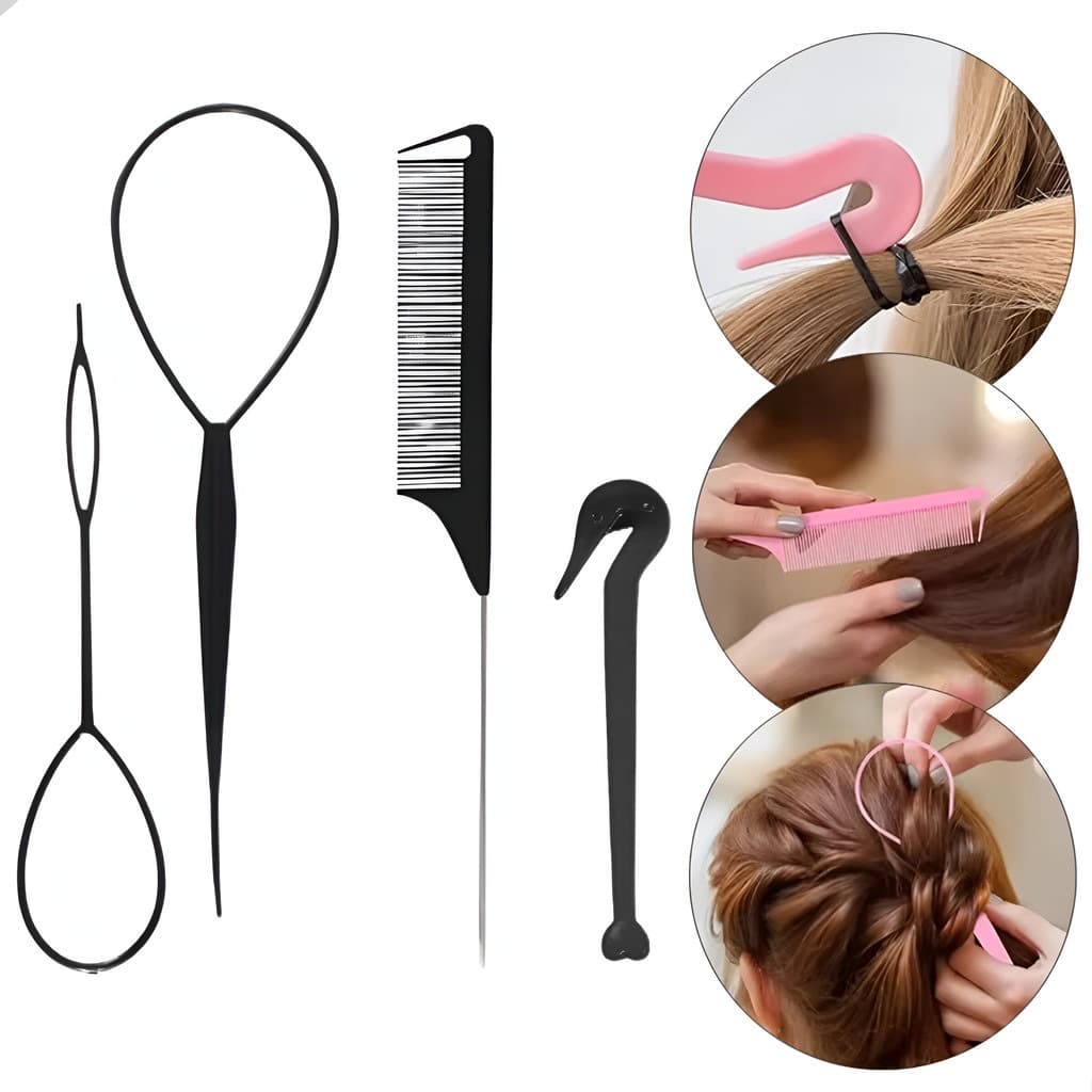 Kit 4 Ferramentas Completo para Tranças, Baby Hair e Coques, Pentes para Cabelos Penteados