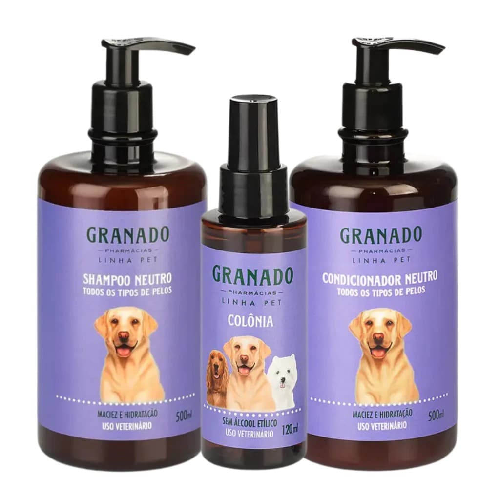 Kit Shampoo + Condicionador + Colônia Perfume Granado Neutro para Pet Cachorro Gatos Banho