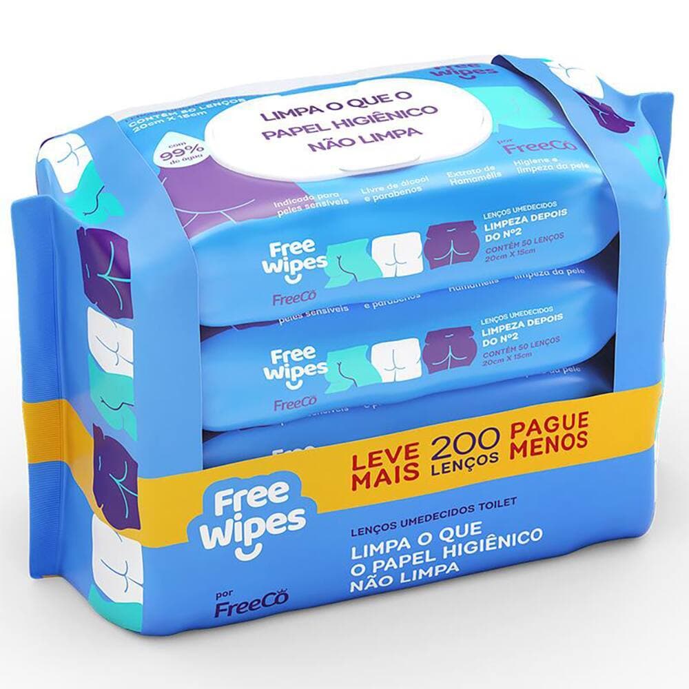 Lenço Umedecido Toilet FreeWipes com 4 pacotes que contém 50 lenços cada -  FreeCô