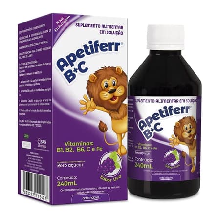 Suplemento Vitamina Criança Infantil Apetiferr 240ml Com Vitaminas B1 B2 B6 C Ferro Sabor Uva