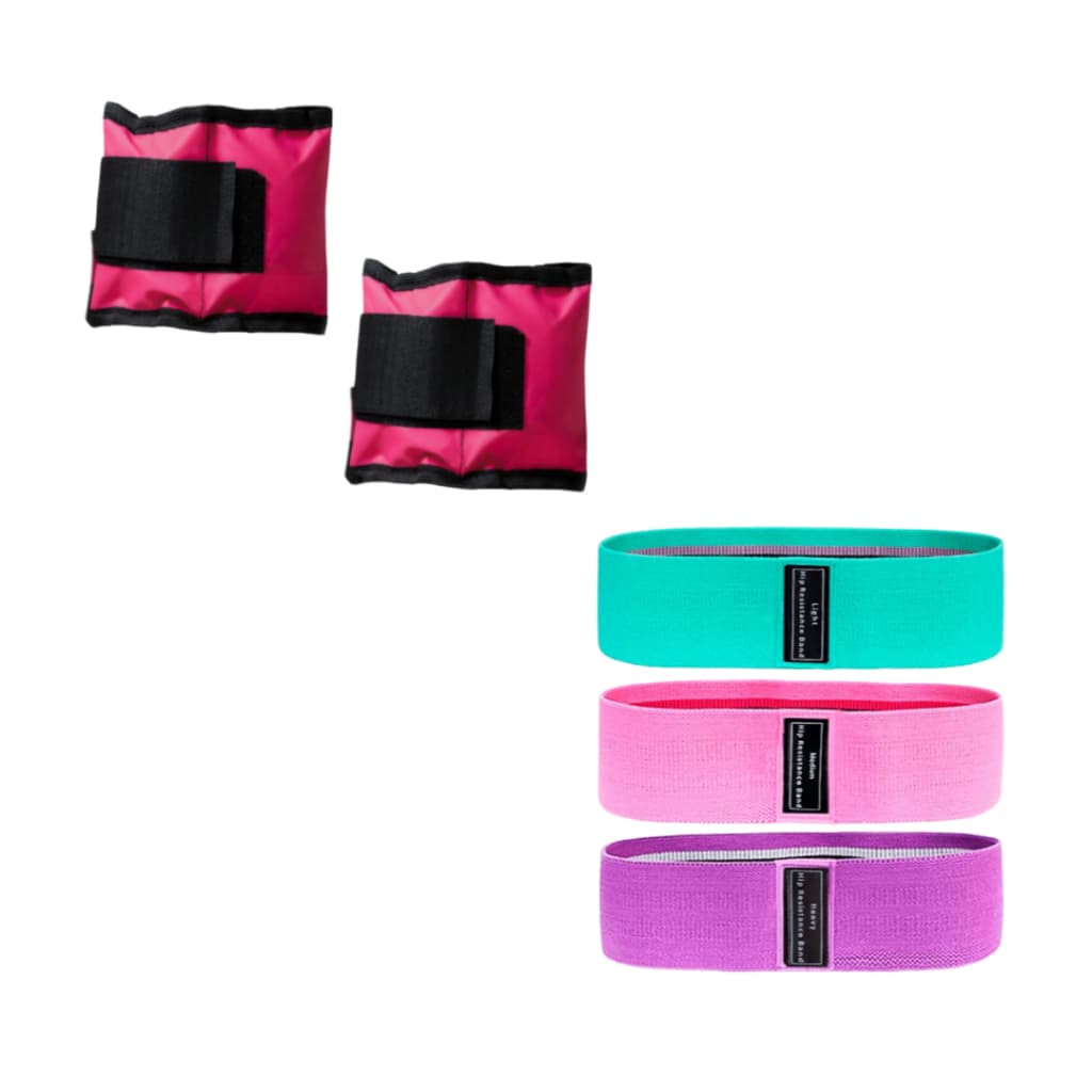 Kit Treino Pernas E Glúteos Par Caneleira 1 Kg Peso De Perna + Kit 3 Faixas Elasticas Hip Bands Yoga Musculação