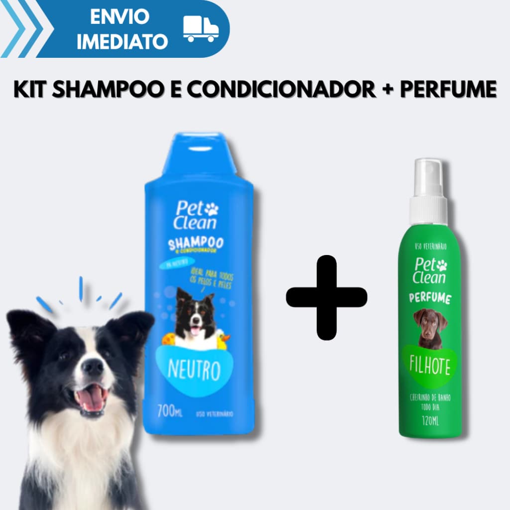 Kit Shampoo e Condicionador Para Cães + Perfume Filhote Adulto Pet Clean