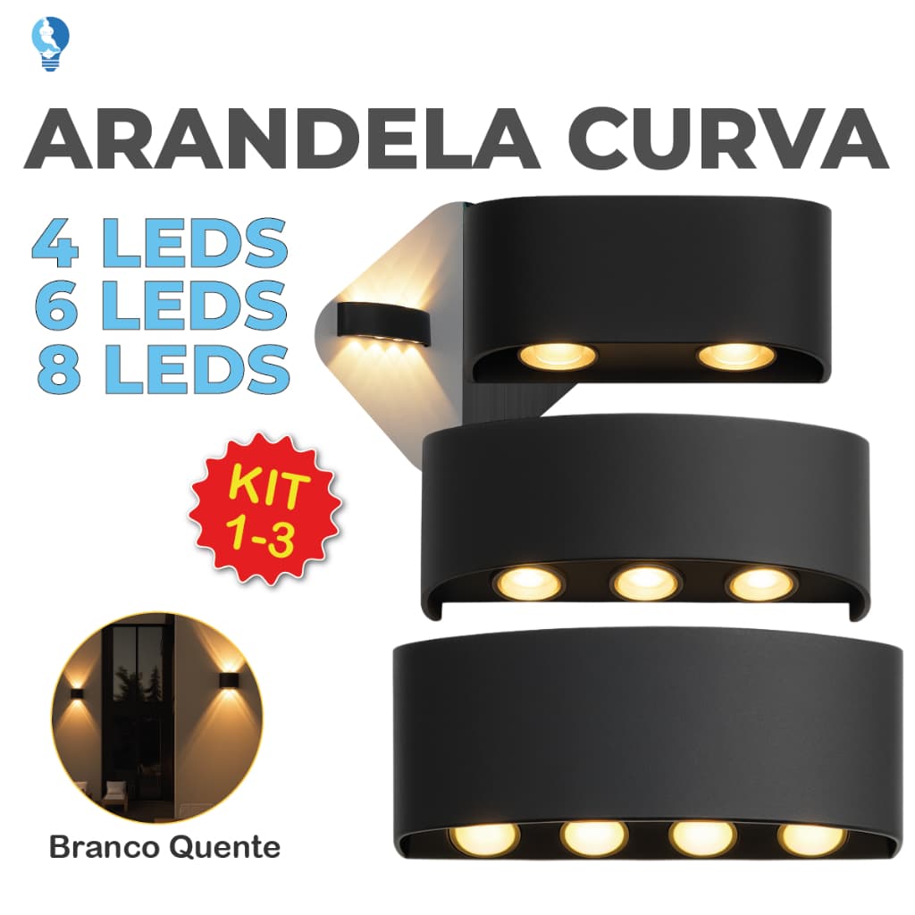 Kit 3 Luminária Arandela Led Meia Lua Curva Parede Luz Quente 4/6/8 LEDS Estrutura Preta