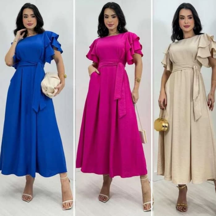 Vestido Feminino Manga Babado Detalhe Lastex na Costa Estilosa e confortável Tecido Duna não Amasa