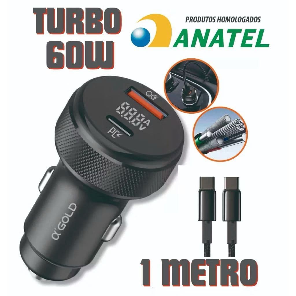 Carregador Veicular Turbo TIPO C + USB 60W Turbo Carregamento rápido/Universal A GOLD Original CARRO