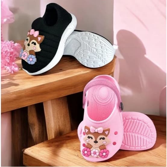 Kit Infantil Menina Tênis Calce Fácil + Babuche Raposa Casual Confortável Básico Escolar Promoção