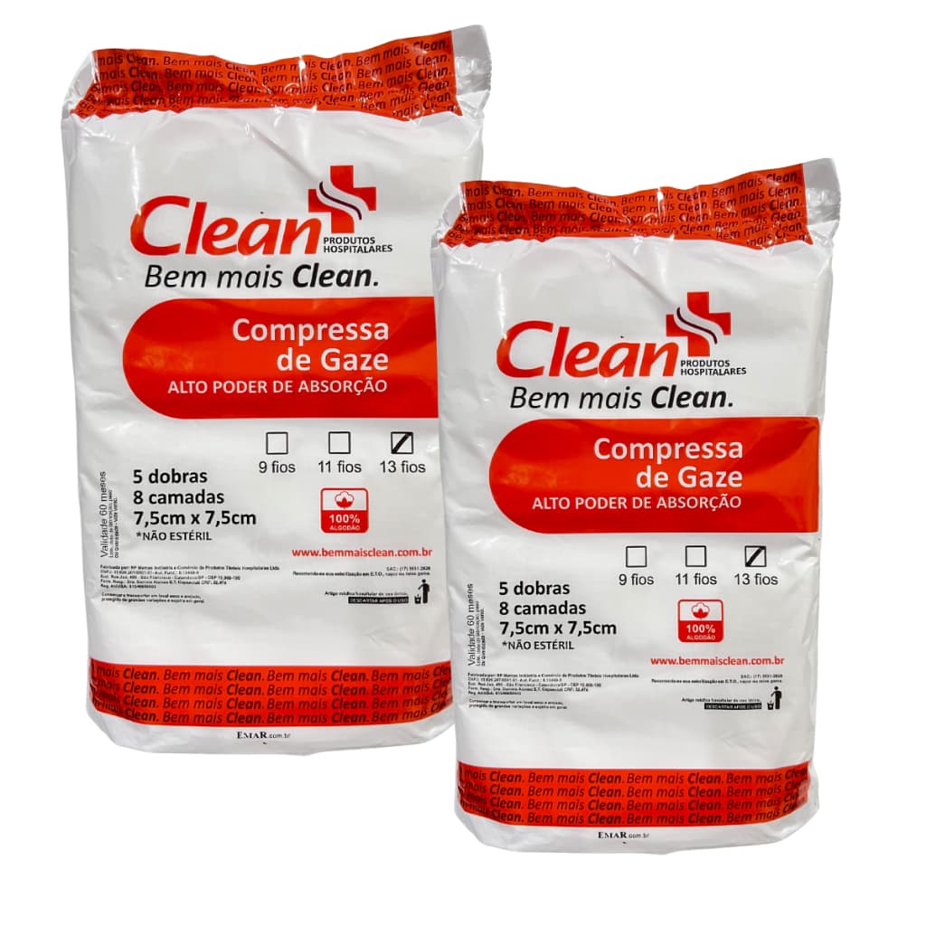 Kit 2 Compressa Gaze 13 Fios Alta Absorção Hospitalar Primeiros Socorros Clean Economic