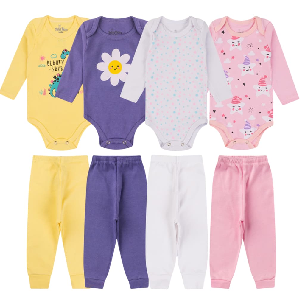Kit 8 Peças Body Bebe MENINA 100% Algodao - 4 Conjuntos